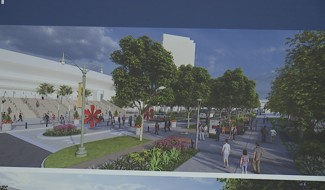 Rendering presented at Monday's press conference, showing the updates along Central Parkway near TQL Stadium
