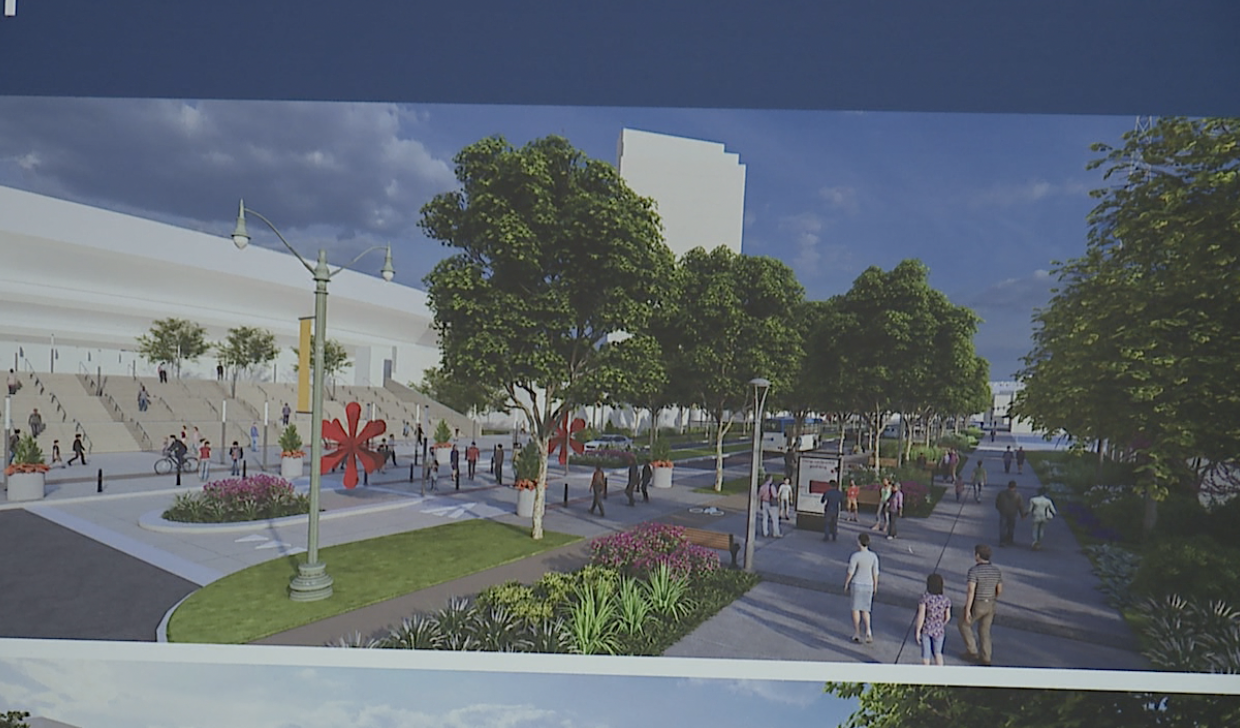 Rendering presented at Monday's press conference, showing the updates along Central Parkway near TQL Stadium 