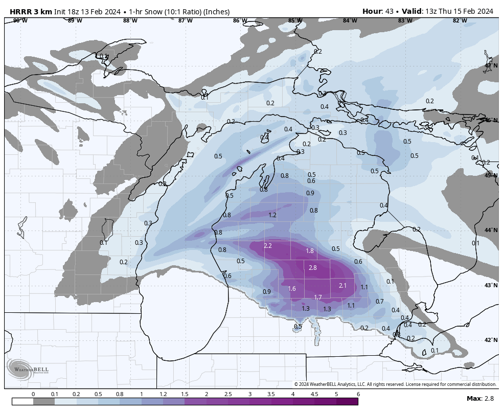 Snow per hour at 8am