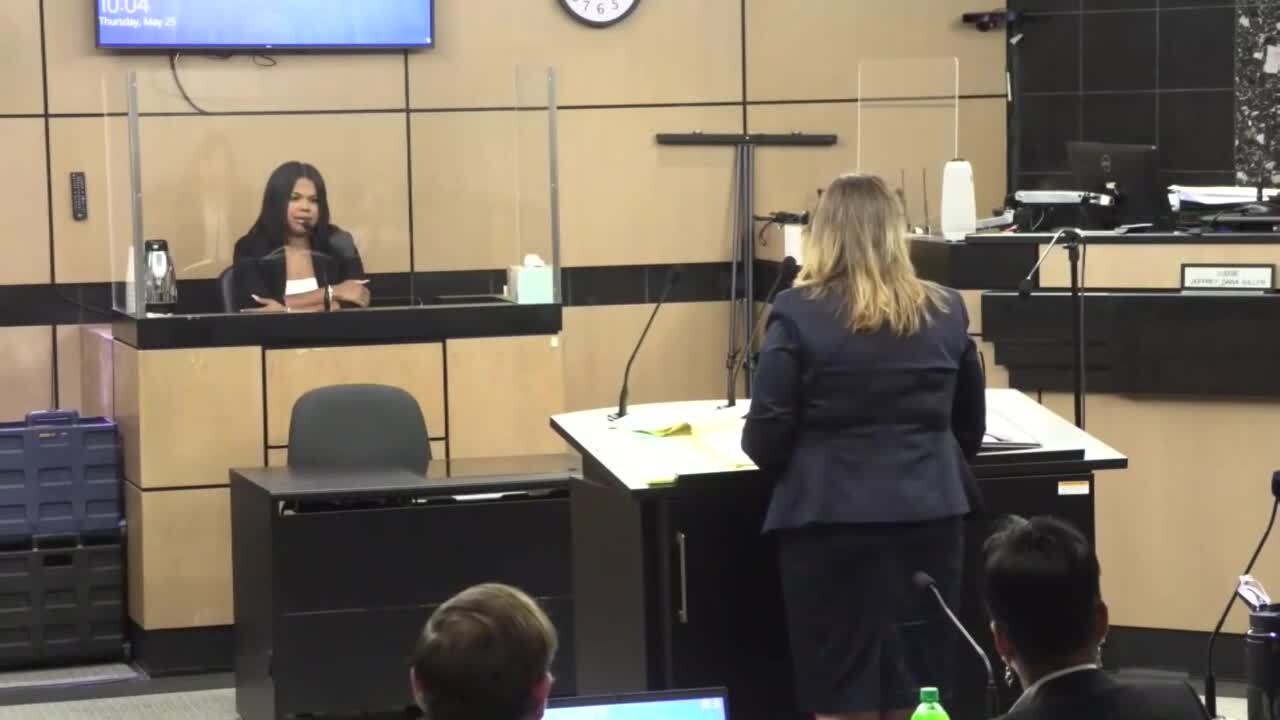 Defense attorney Heidi Perlet cross examines Dominique Jones on second day of Travis Rudolph murder trial, May 25, 2023