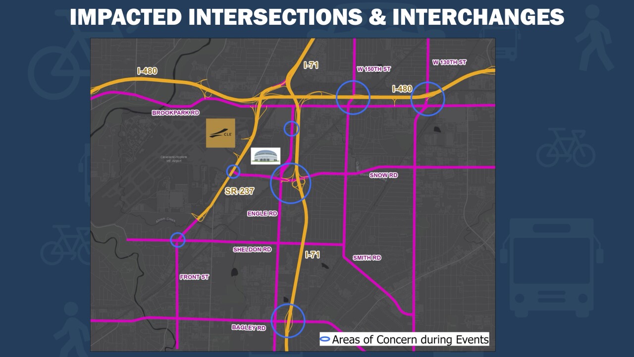 A slide presented at the NOACA meeting shows potential pinch points for traffic when there's a weeknight game or other major event at the future Browns stadium in Brook Park.