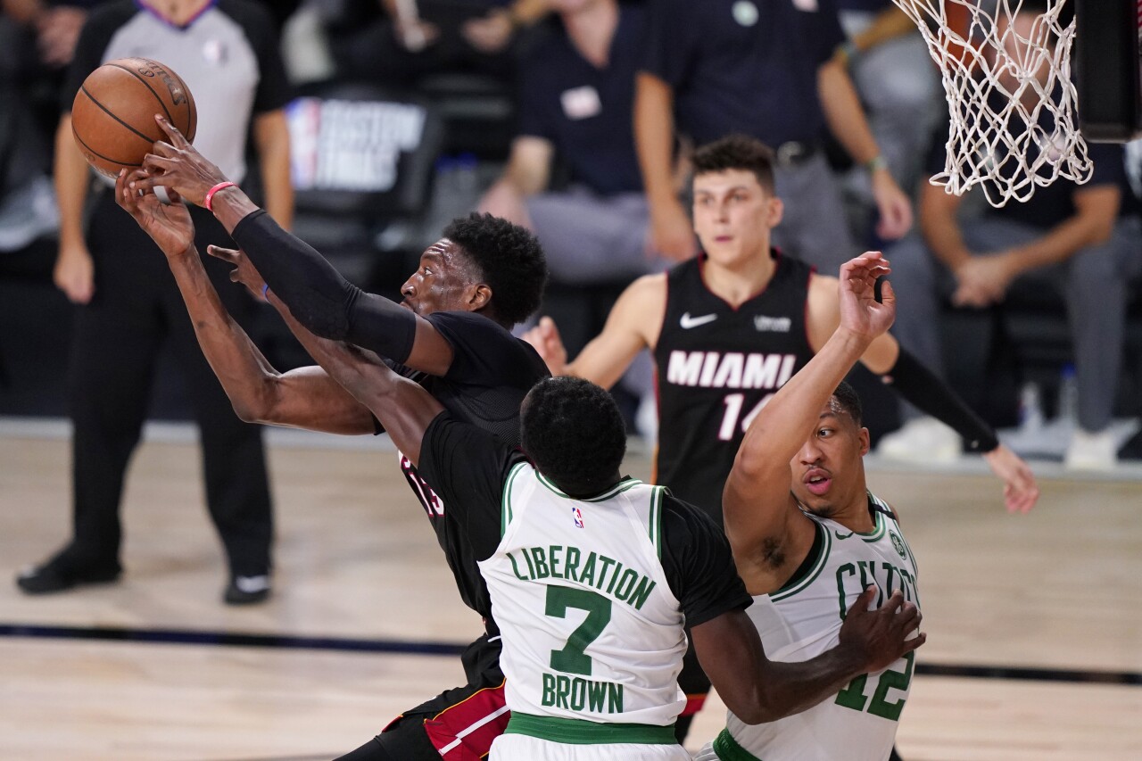 Bam Adebayo goes for rebound, Miami Heat vs. Boston Celtics in Game 6 of 2020 NBA Eastern Conference Finals