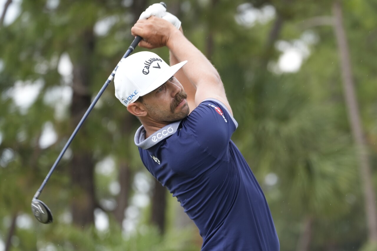 Erik van Rooyen hits from ninth tee during final round of Cognizant Classic in the Palm Beaches golf tournament, March 3, 2024