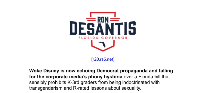 Gov. Ron DeSantis campaign email accusing Disney of being 'woke'