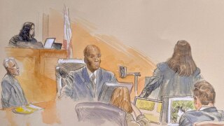 This courtroom sketch shows Secret Service special agent Jason Harris testifying during the trial of Ryan Routh, who is charged with attempting to assassinate Donald Trump last year at a golf course near West Palm Beach, Thursday, Sept. 11, 2025, in Fort Pierce, Fla.