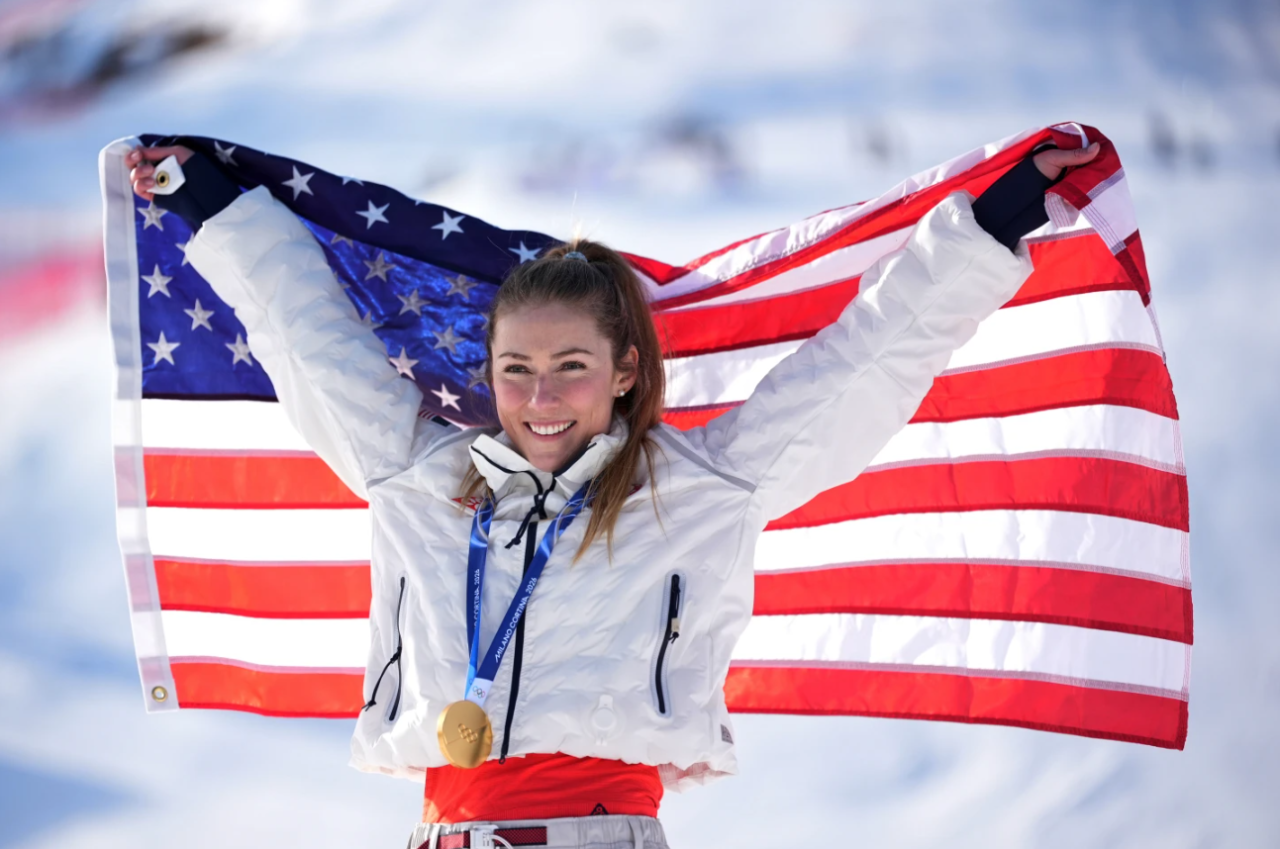 United States' Mikaela Shiffrin celebrates winning the gold medal in an alpine ski, women's slalom race, at the 2026 Winter Olympics, in Cortina d'Ampezzo, Italy, Wednesday, Feb. 18, 2026.