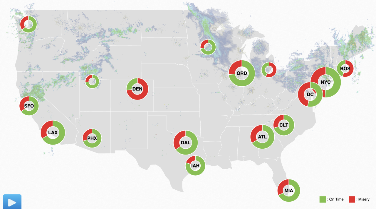 DEN led FlightAware's 'Misery Map' tracking delays and cancellations at U.S. airports on Friday.