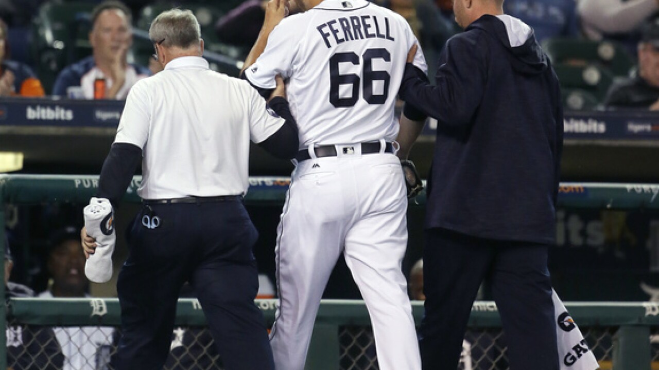 Tigers pitcher Ferrell hit in head by liner, jogs off mound
