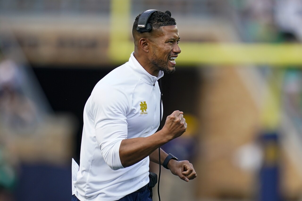 Notre Dame Fighting Irish head coach Marcus Freeman celebrates TD vs. Cal Golden Bears, Sept. 17, 2022