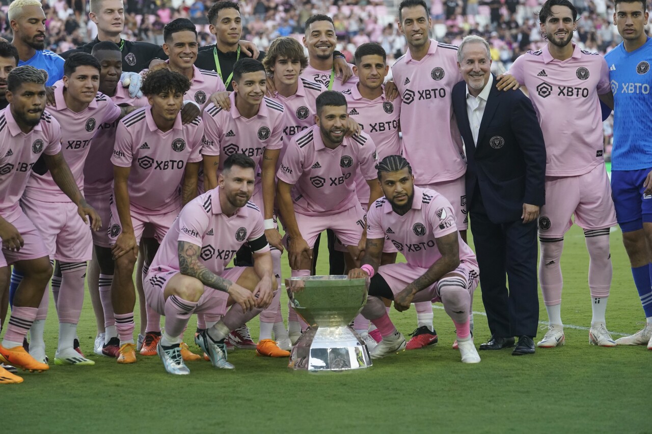 Inter Miami team poses with League Championship Cup trophy before game against Nashville, Aug. 30, 2023