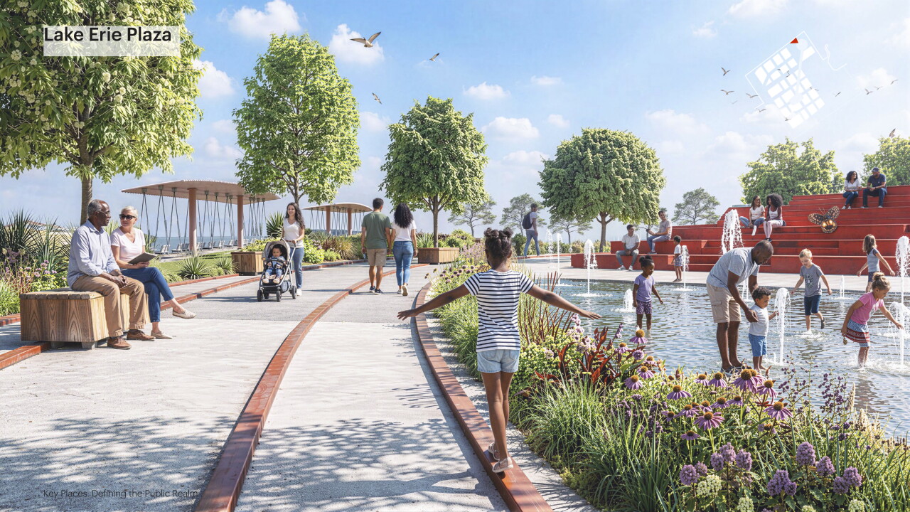 A rendering of a planned plaza at the northeast corner of the site shows a splash pad, swings, a seating area and moveable furniture placed on abandoned rails.