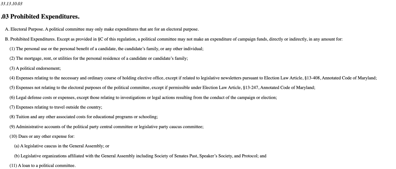 article 33.13.10.03 of the Code of Maryland Regulations