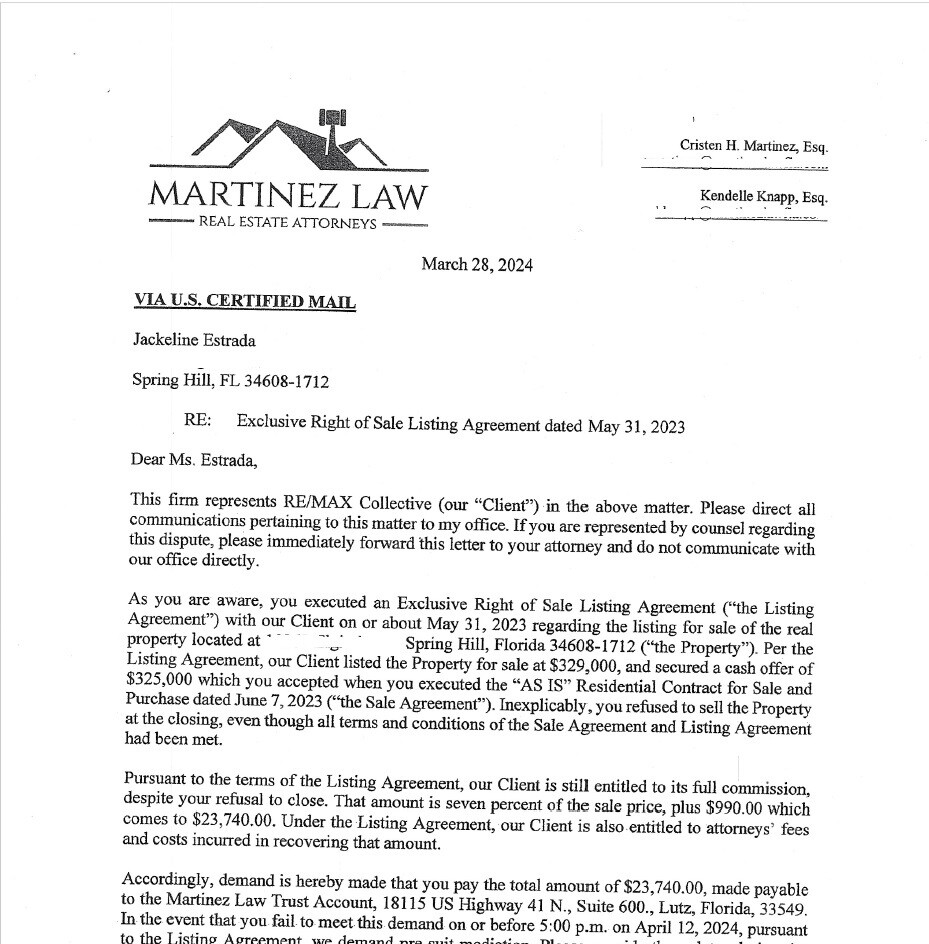 Letter to Estrada demanding commission for sale that didn't happen