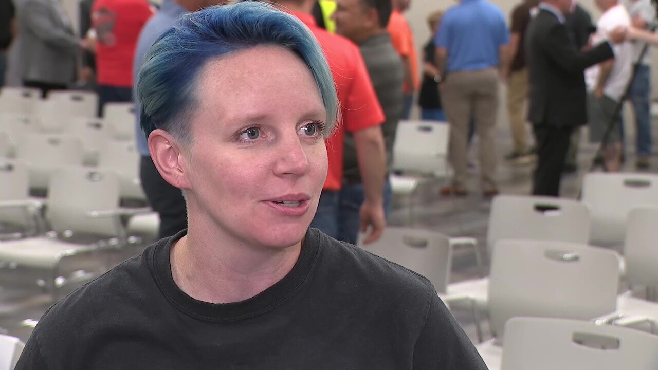 Emma Varner, a member of the electrical workers' union, was part of a large crowd of construction workers who showed up for a planning commission meeting in Brook Park.