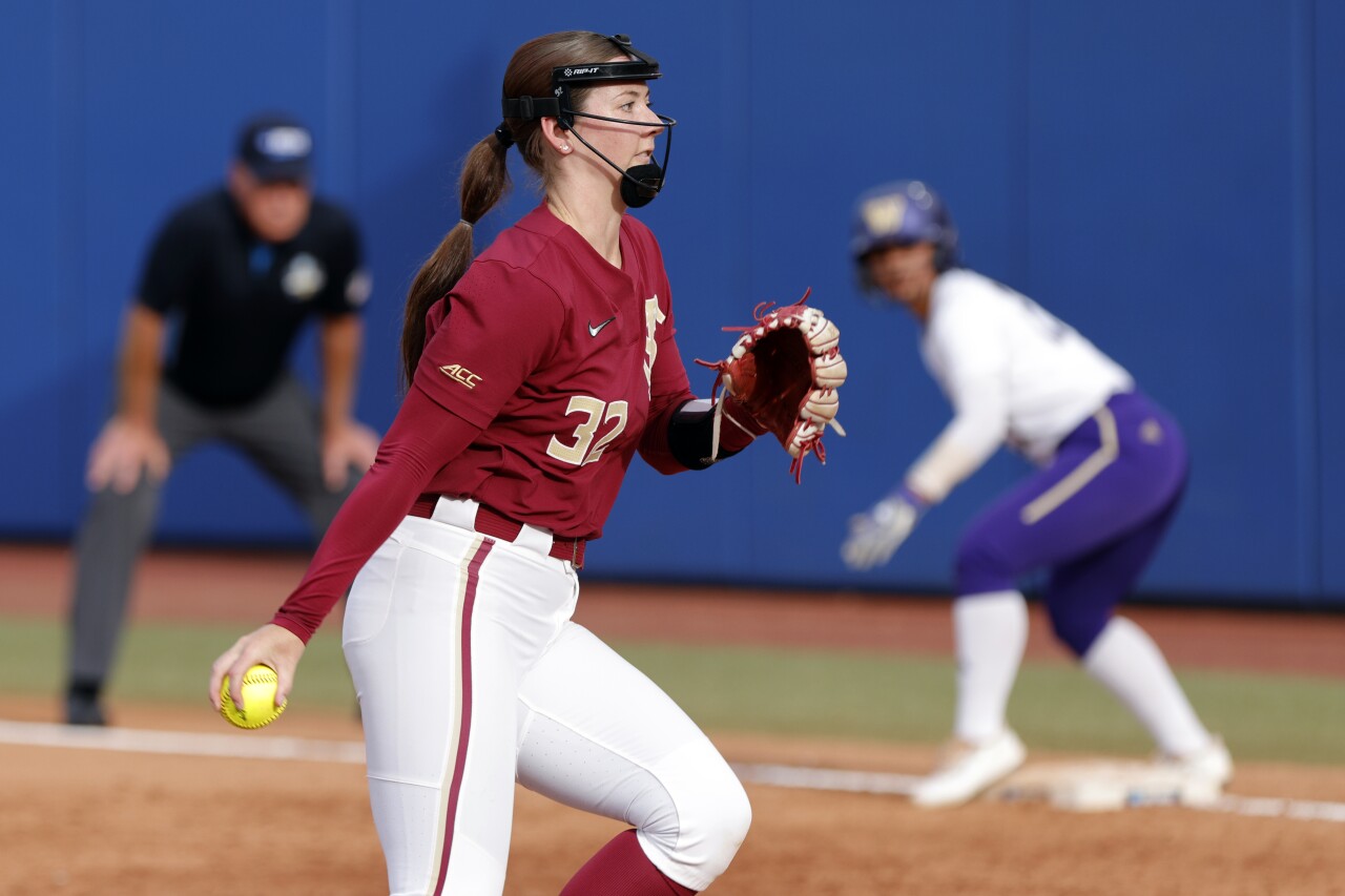 Florida State Seminoles pitcher Kathryn Sandercock pitches against Washington Huskies in Women's College World Series, June 3, 2023