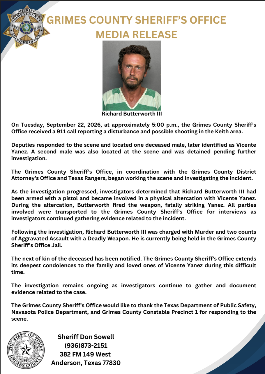 A man is dead and another faces murder charges after a shooting on Tuesday in Grimes County