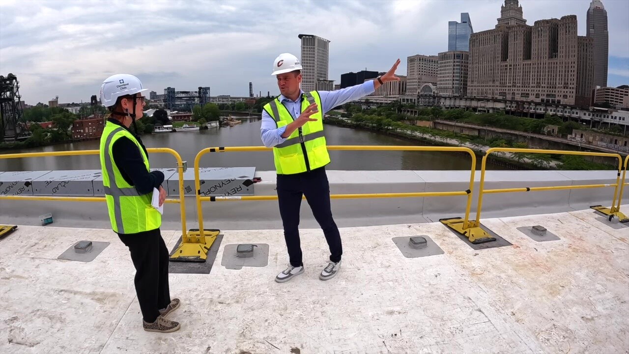 Bedrock managing director Dan Whalen, right, talks to News 5 reporter Michelle Jarboe about the company's evolving vision for a huge stretch of Cleveland's downtown riverfront behind Tower City.