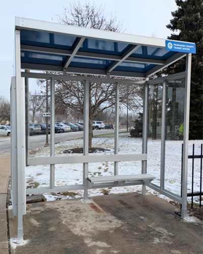 A new MCTS bus shelter installed at a Route 24 and BlueLine stop near 17th & Fond du Lac.