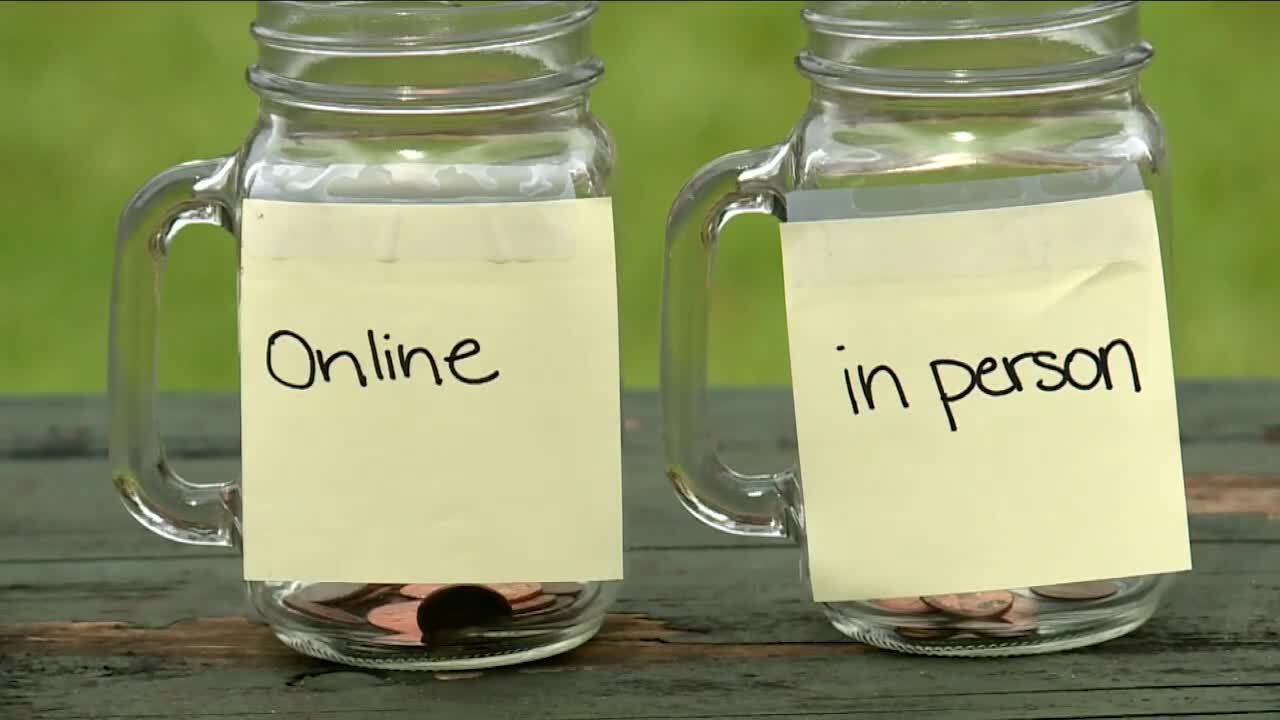 tip jar with pennies in them from 'online' and 'in person' tax filings