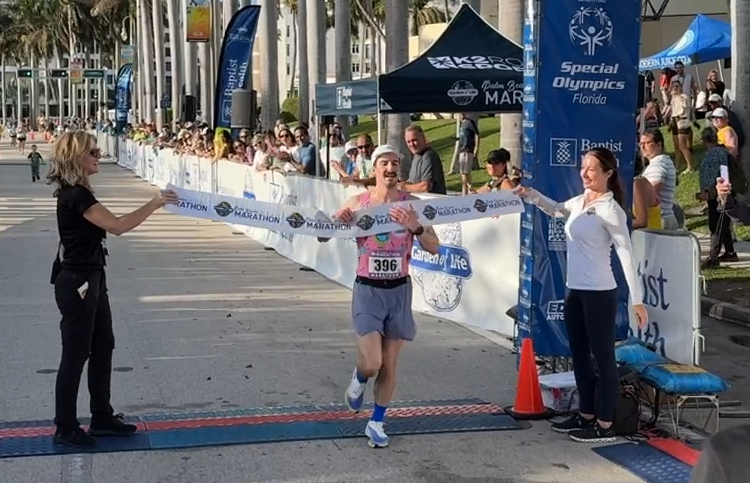 Simon Boudreaux, 31, won his first marathon Sunday in a Boston-qualifying time of 2:39:39.