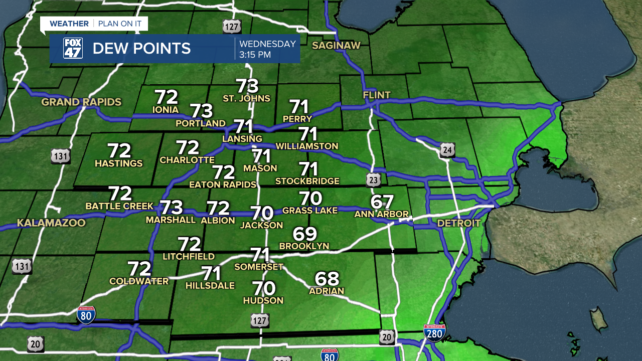 Dew points climb into the 70's Wednesday