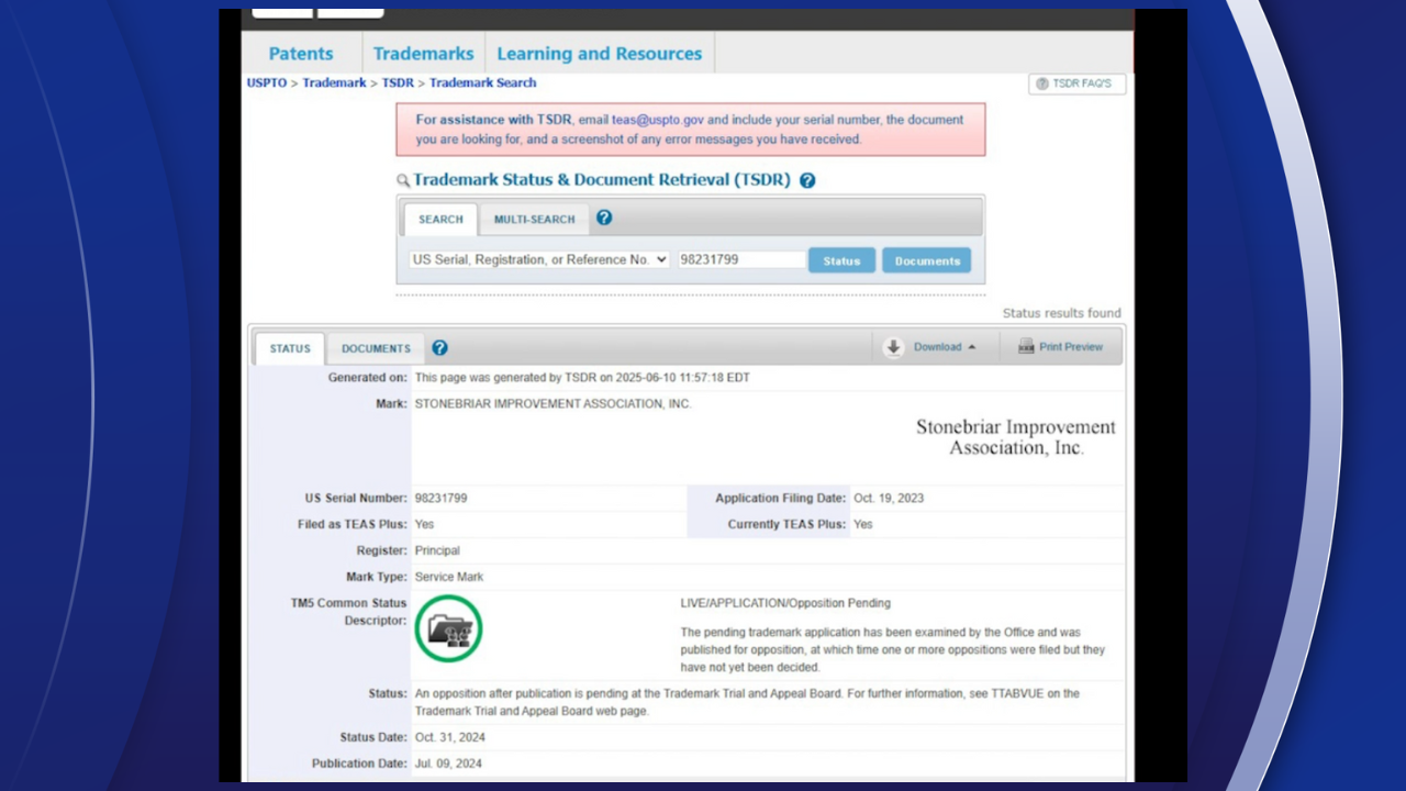 Record showing Trademark request filed by Mark Siamas and opposed by the Stonebriar Improvement Association, Inc.