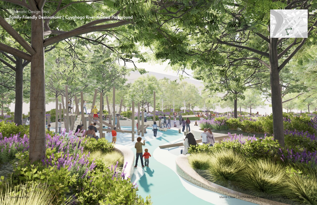 A rendering shows a river-themed playground at Canal Basin Park.
