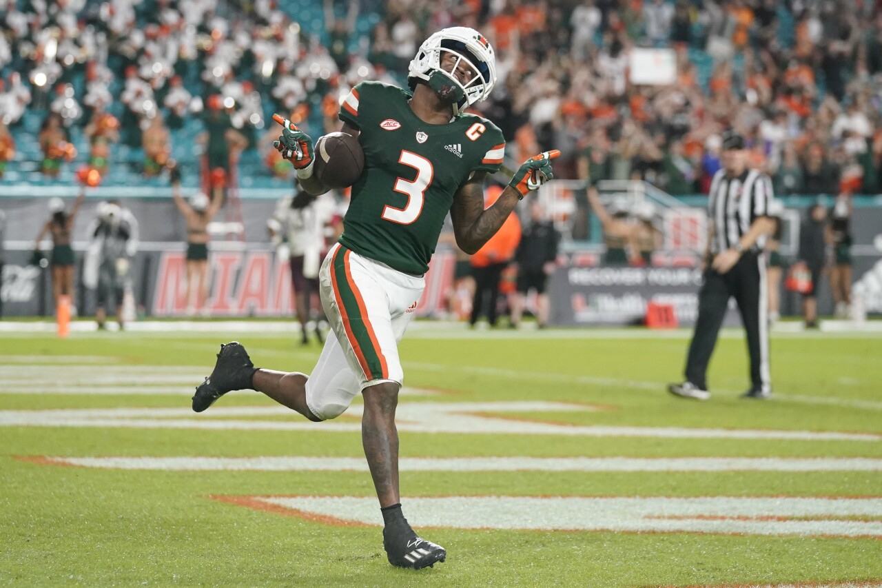 Miami Hurricanes receiver Mike Harley celebrates after scoring TD vs. Virginia Tech Hokies in 2021