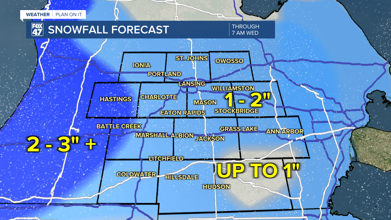 1 to 2 inches of snow possible today through Wednesday morning as a clipper system advances through the region