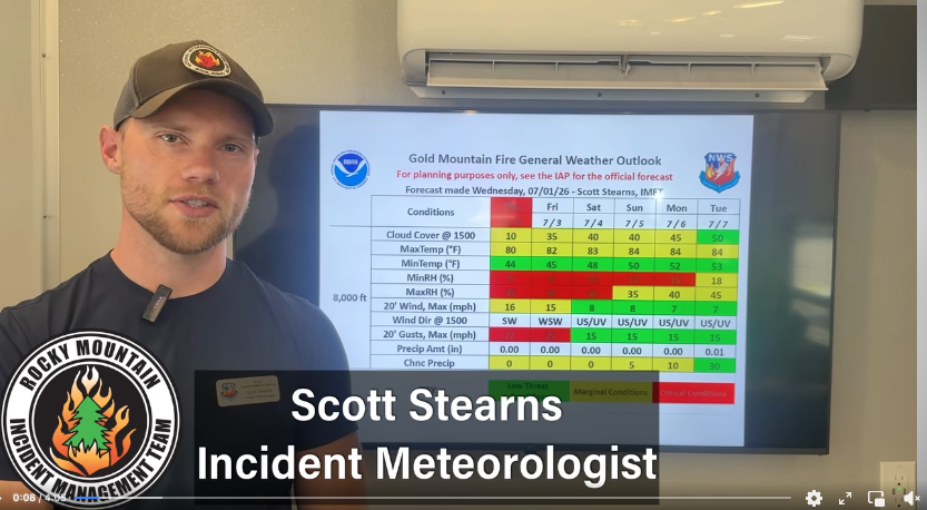 Scott Stearns, incident meteorologist at the Gold Mountain Fire, provides an update on the blaze on July 1, 2026.