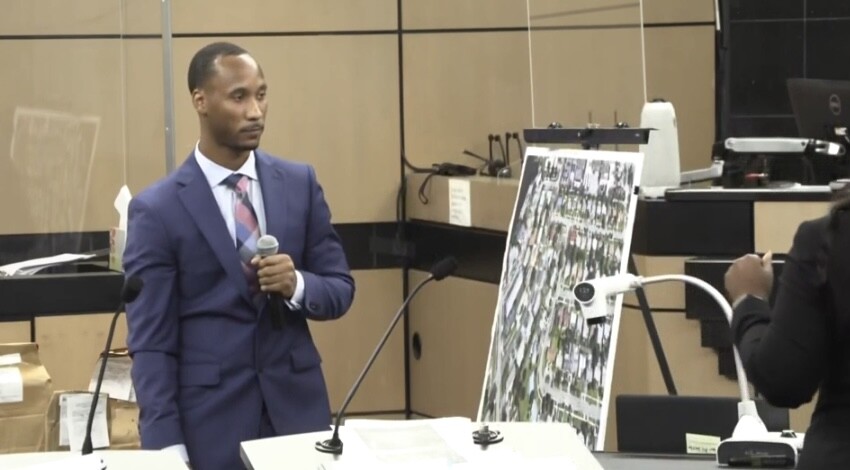 Travis Ruldoph looks at a map of where the shooting took place during cross-examination by Assistant State Attorney Francine Edwards June 5 2023.jpeg