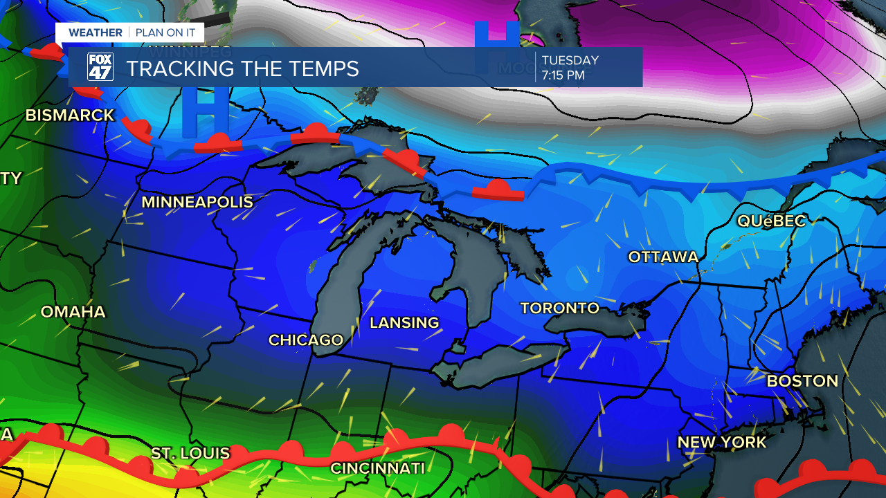 With the warm front staying south of our neighborhoods early this week, shower chances will remain light as we lack moisture with temperatures gradually warming