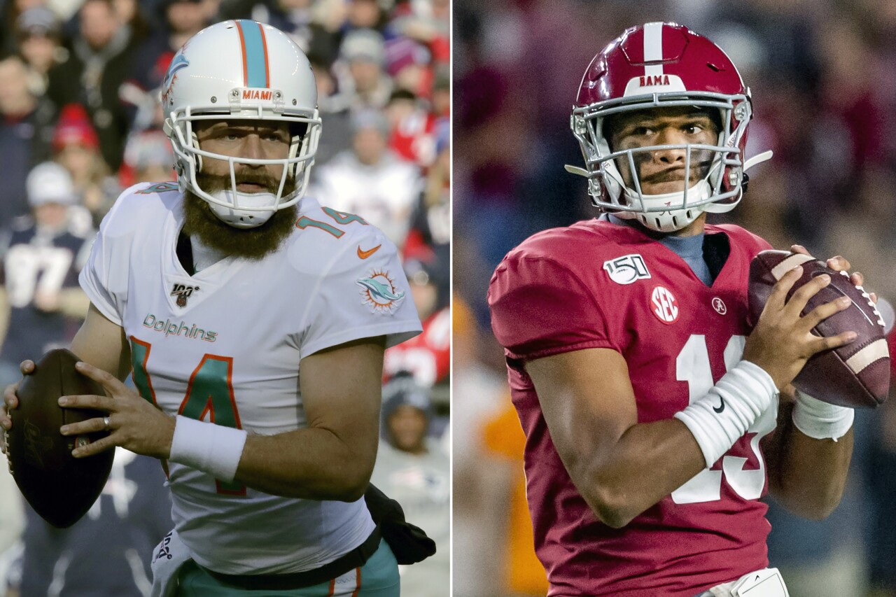 Miami Dolphins QBs Ryan Fitzpatrick and Tua Tagovailoa split screen