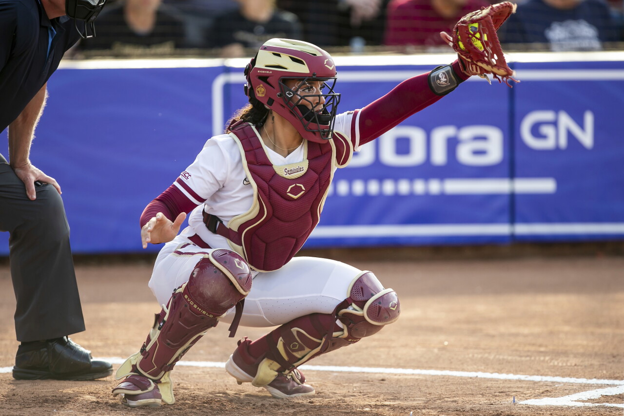 Florida State Seminoles catcher Michaela Edenfield catches, Feb. 15, 2024