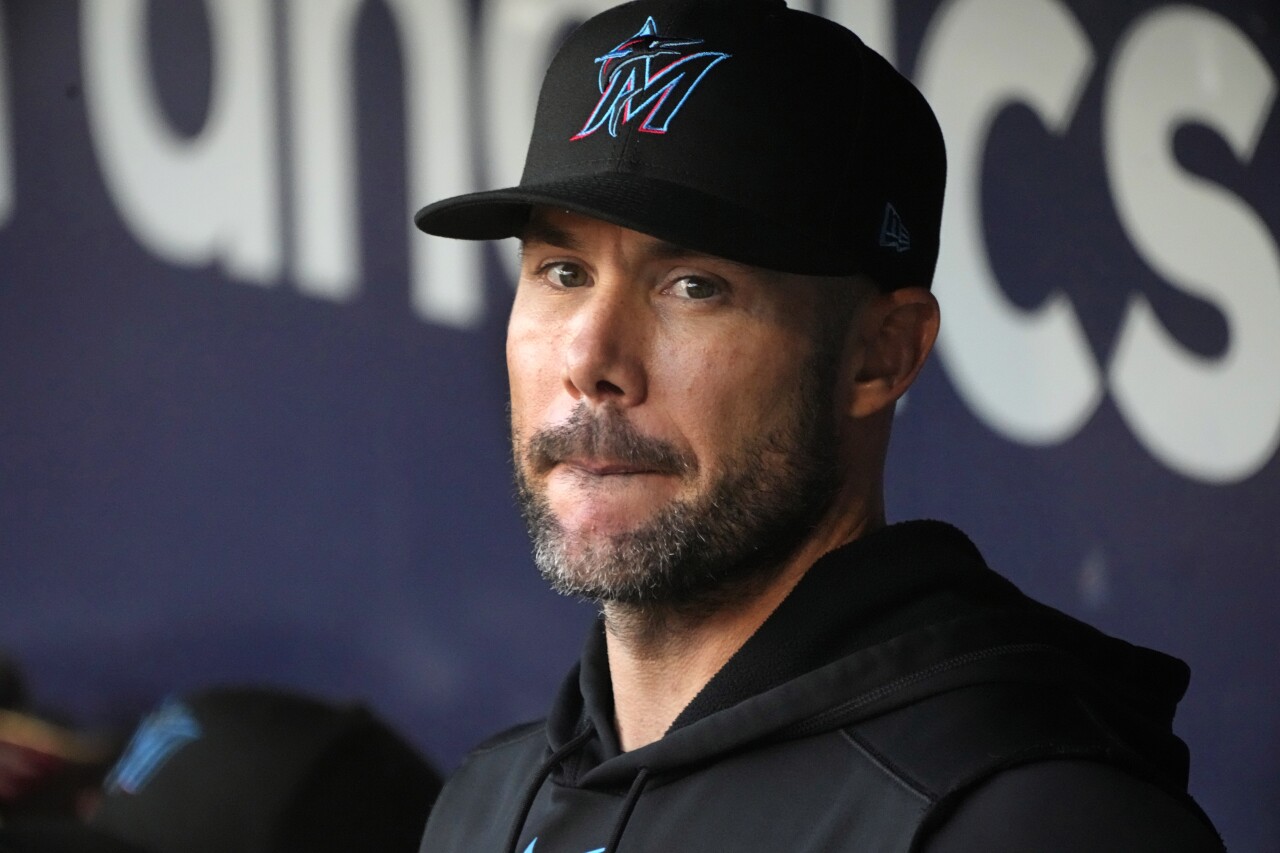 Miami Marlins manager Skip Schumaker in dugout before game at Pittsburgh Pirates, Sept. 30, 2023