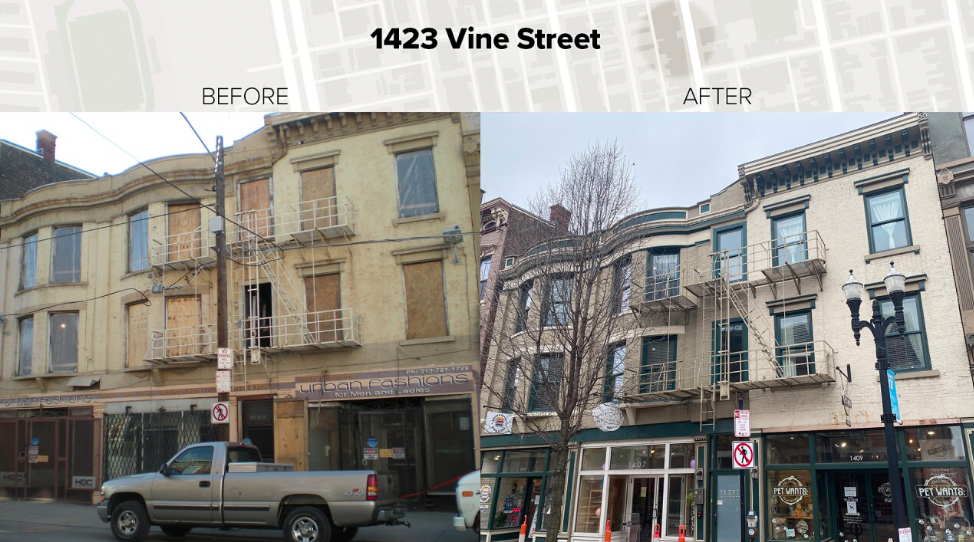 The transformation of the buildings on Vine Street by 3CDC in Over-the-Rhine.