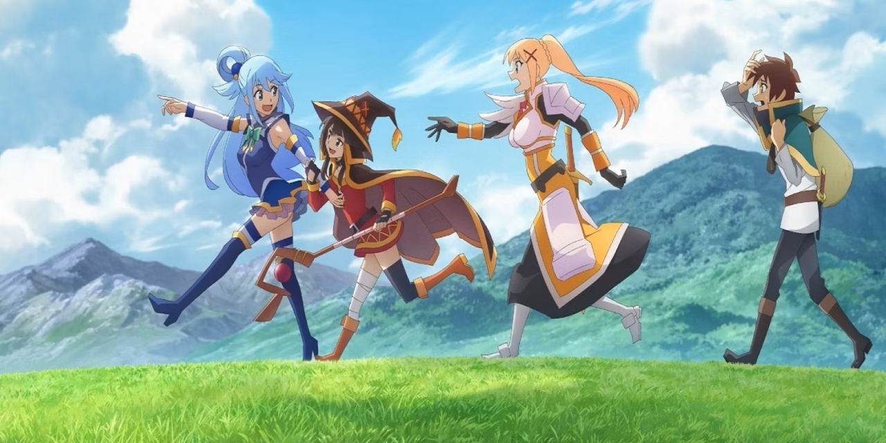 A promotional still released by Studio DEEN to promote the third season of the KonoSuba anime series. The four main characters walk along a grassy knoll. Aqua leads the group, pointing in the distance as she looks back at Megumin, who hangs on her arm, staff in hand. They are followed by Darkness, who is reaching out to catch up, followed by Kazuma, who has a bag slung on his shoulder.
