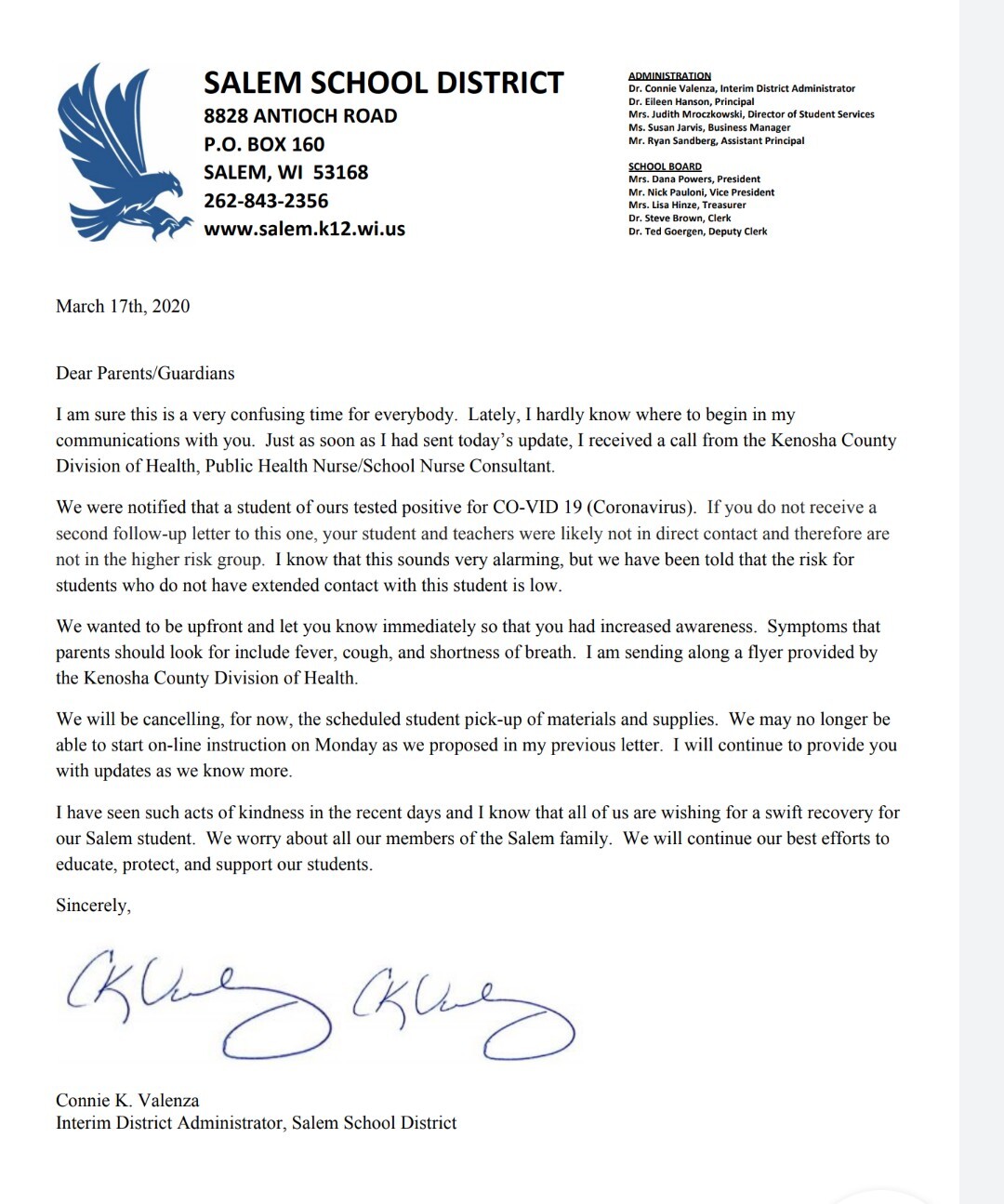 Kenosha County student tests positive for COVID19, according to letter