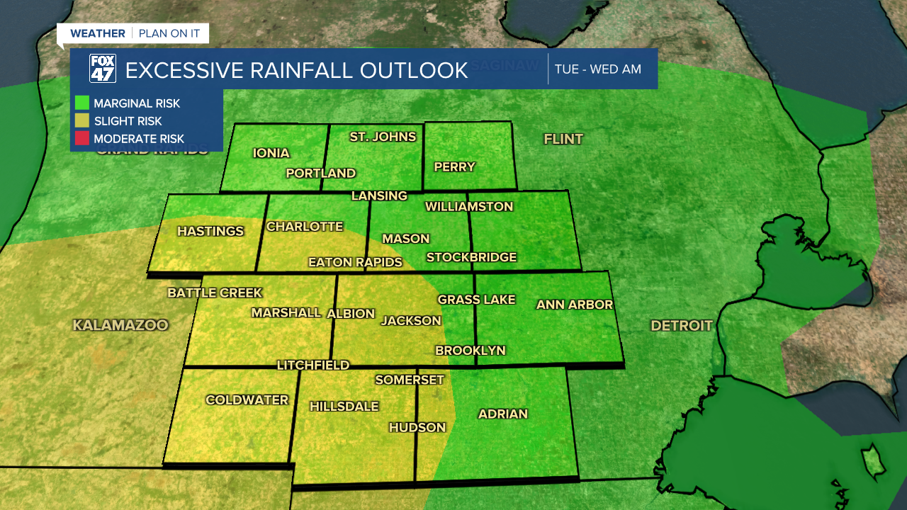 Slight risk for excessive rainfall exists from Tuesday evening to Wednesday morning with flash flooding concerns possible