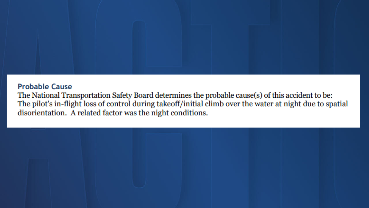 Excerpt from 2005 NTSB crash investigation report indicating "spatial disorientation" and dark conditions were factors in crash