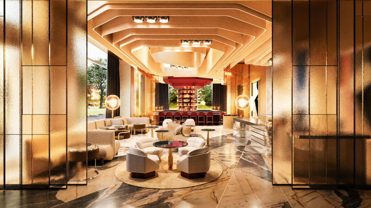 A rendering shows a planned seating area and cafe space near the W Cleveland hotel lobby at Erieview Tower.