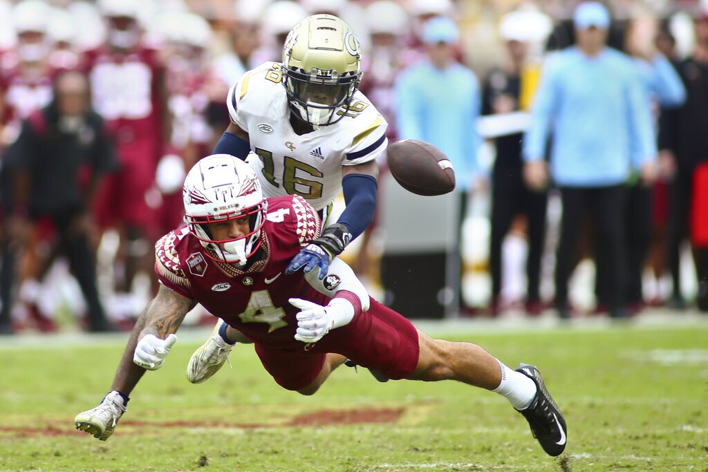 Georgia Tech Yellow Jackets cornerback K.J. Wallace deflects pass for Florida State Seminoles receiver Mycah Pittman, Oct. 29, 2022