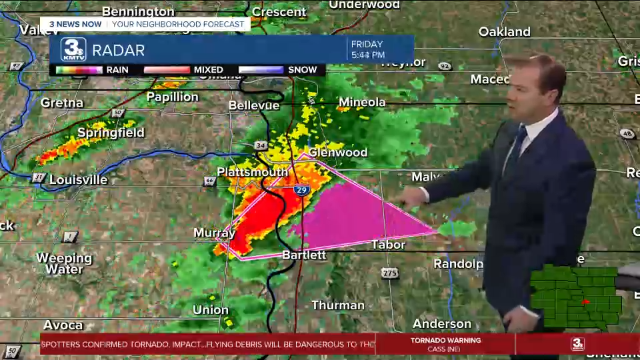 Meteorologist Tim Schmidt at 5:48pm when the storm was east of Bartlett, NE