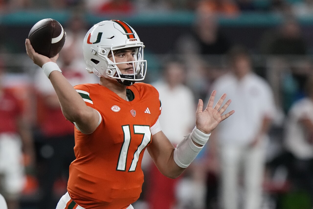 Miami Hurricanes QB Emory Williams throws pass during second half against Miami RedHawks, Sept. 1, 2023