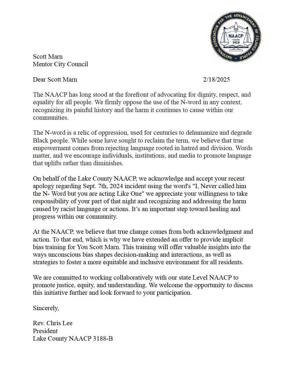 Lake County NAACP letter to Scott Marn