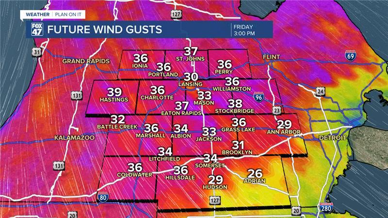 Winds could gust up to 40 mph today as the frontal passage advances through neighborhoods cooling us down