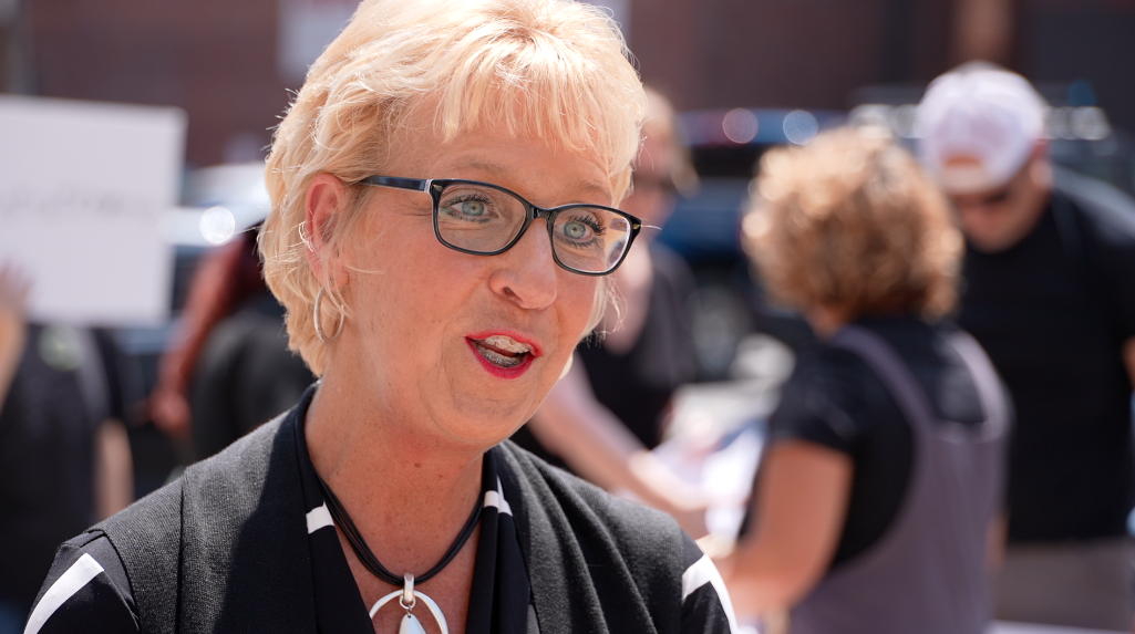 Julie Edsall drove from Dayton to attend a prayer vigil for truth, transparency, and change at the Archdiocese of Cincinnati's downtown office on July 22, 2025.