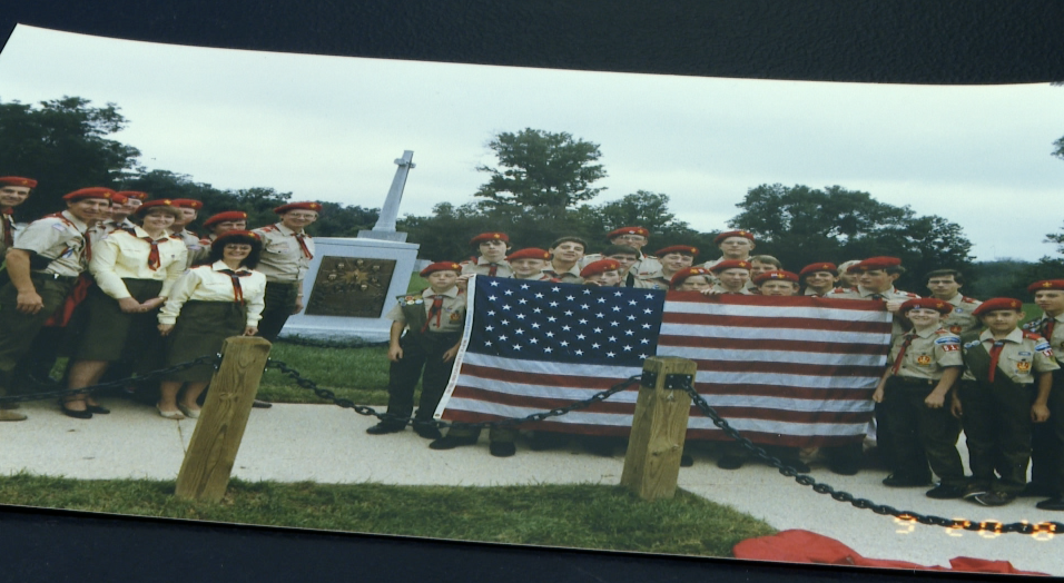 1986 Boy Scout Troop 514 at Arlington National Cemetery with the Challenger Flag