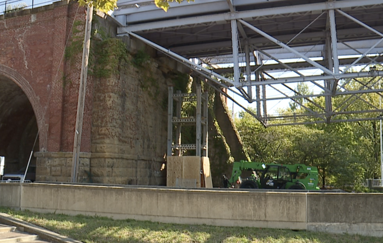 Shoring tower being constructed underneath Purple People Bridge