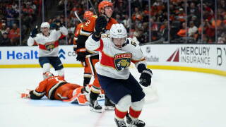Florida Panthers left wing Brad Marchand (63) celebrates his goal during an NHL hockey game against the Anaheim Ducks, in Anaheim, Calif. Sunday, Oct. 4, 2026. (AP Photo/Kyusung Gong)